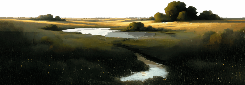 A serene landscape featuring a winding stream leading to a reflective pond, surrounded by grassy fields and clusters of trees under a soft, golden light—an inviting scene reminiscent of Ramble homes and new homes in Celina TX.
