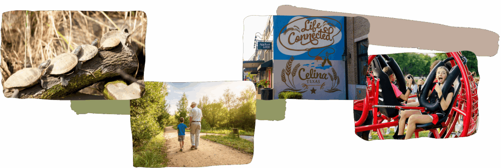 Collage of people relaxing outdoors at lake homes North Dallas, a phone of turtles on a branch and kids enjoying carnival rides.