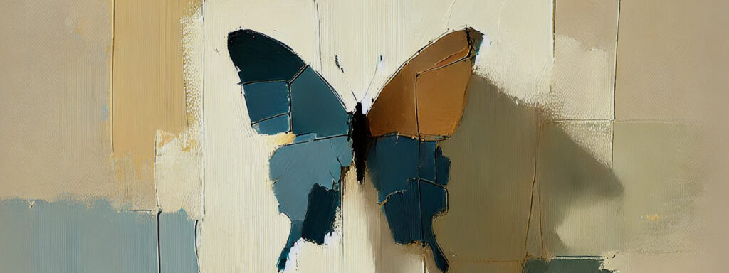 A butterfly with asymmetrical blue and brown wings is depicted on a textured, abstract beige and gray background—bringing to mind the tranquil elegance of lake homes North Dallas.