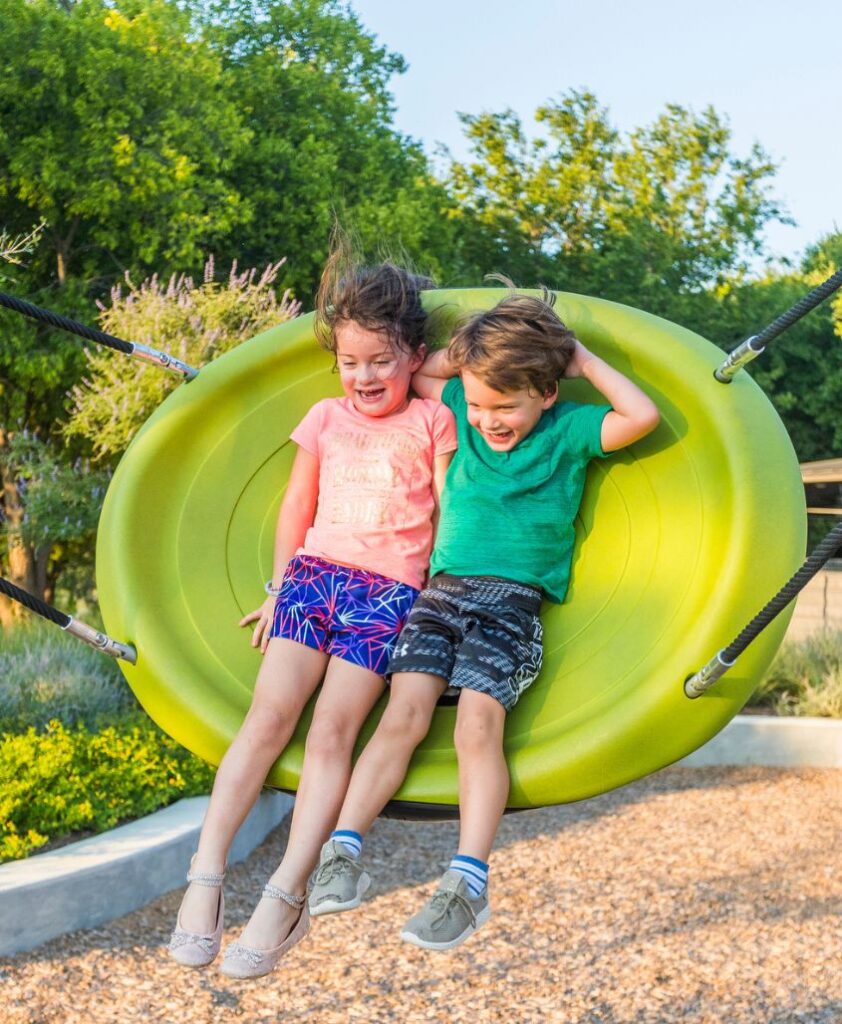 Two children playing on a swing.